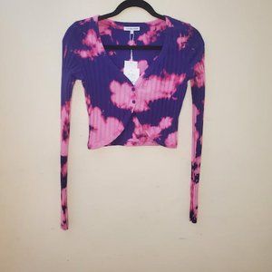 Cotton Citizen Pink Purple Tie-Dye Long Sleeves Ribbed Knit Cropped Cardigan SzM